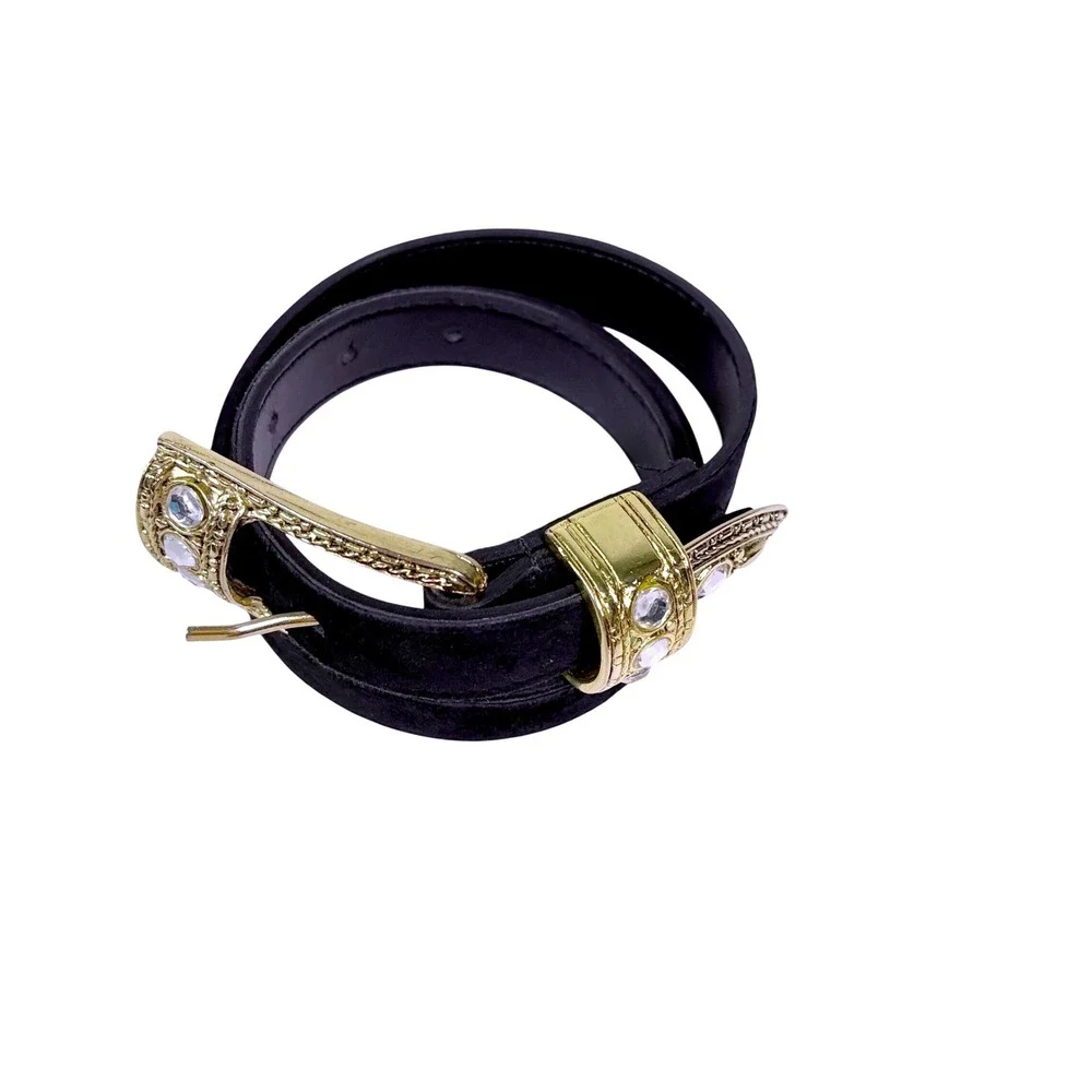 Western Belt Womens L 32 Black Rhinestone Gold Tone Suede Leather Cowgirl Vtg